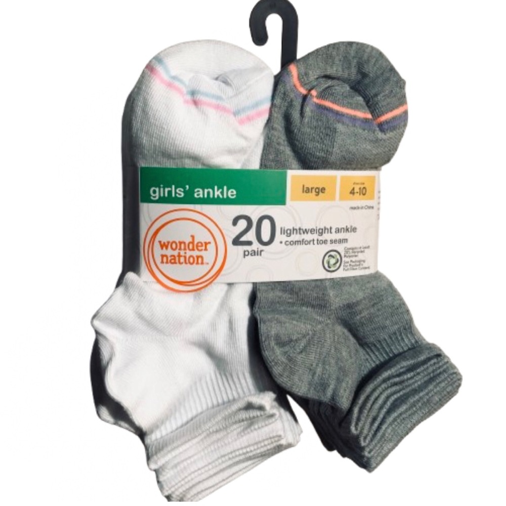 🔥$12🔥NEW WONDER NATION Girls Ankle Socks, 20 Pairs, Large (4-10) White** Gray